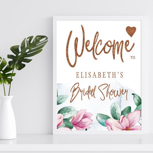 Floral copper glitter bridal shower welcome sign