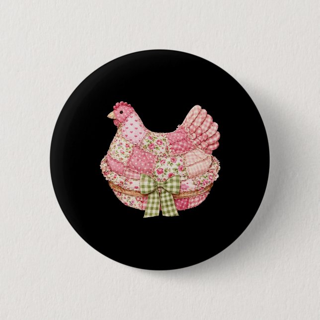 Floral Coquette Bow Patchwork Chicken Hens Grandma Button (Front)