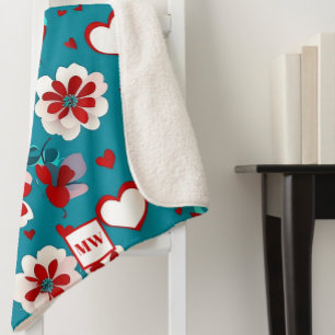 Floral coquette hearts and flowers monogram sherpa blanket