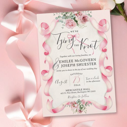 Floral Coquette Pink Bow Cute Vintage Wedding Invitation