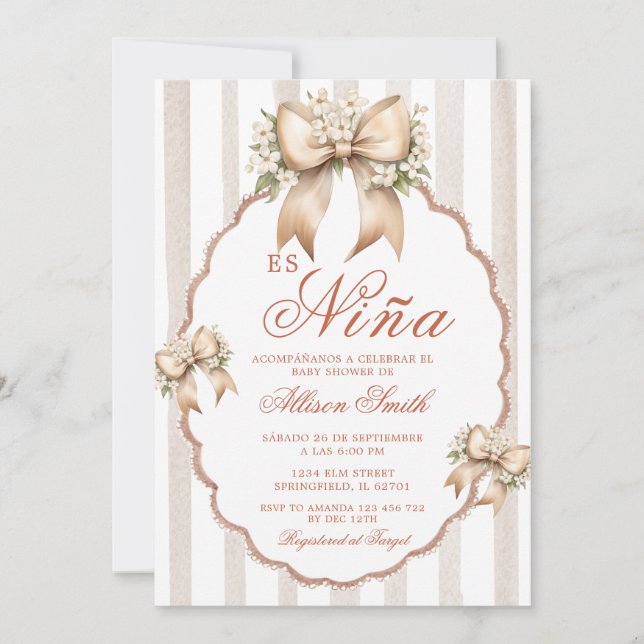 Floral coquette Stripe Es Nina Spanish Baby Shower Invitation (Front)