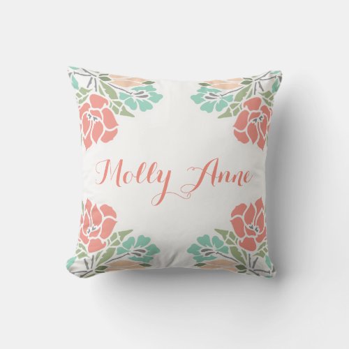 Floral Coral and Teal Baby Girl Nursery Throw Pillow