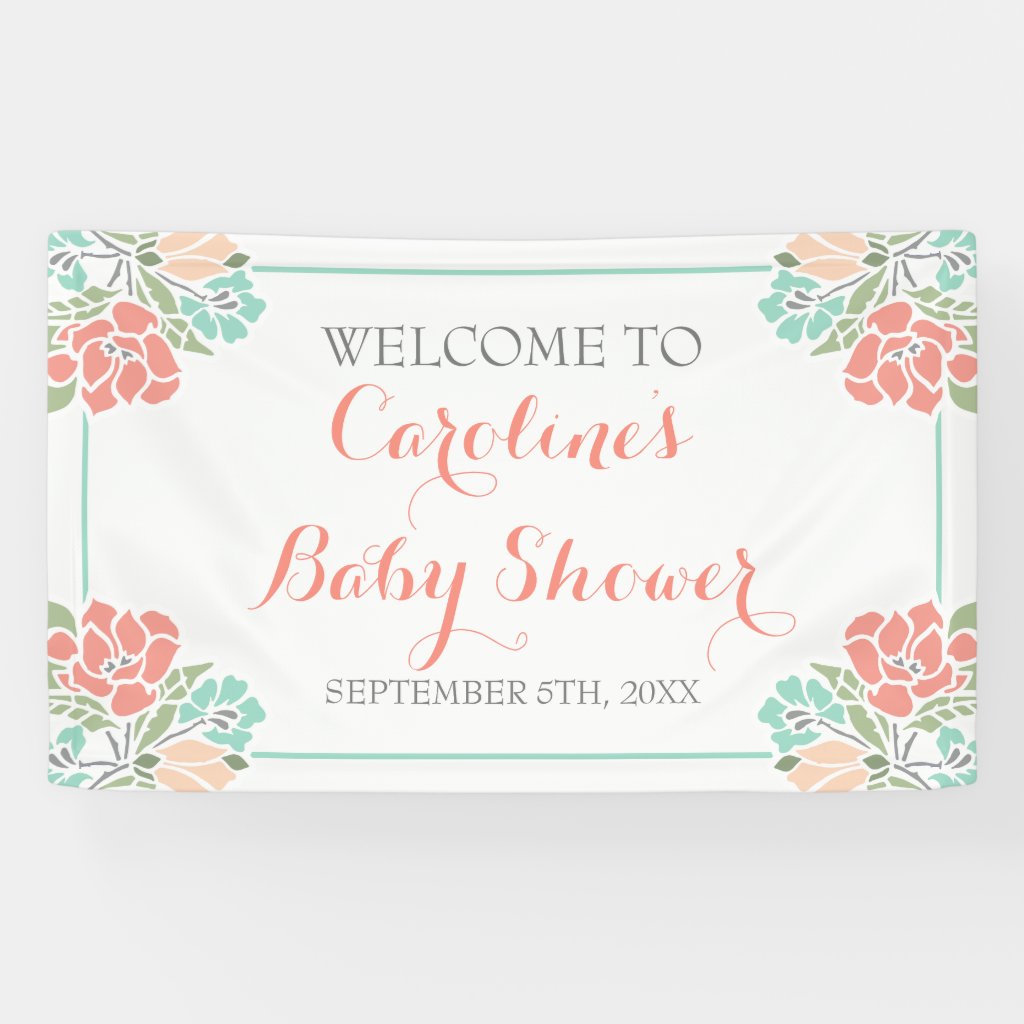 Floral Coral and Teal Baby Shower Banner