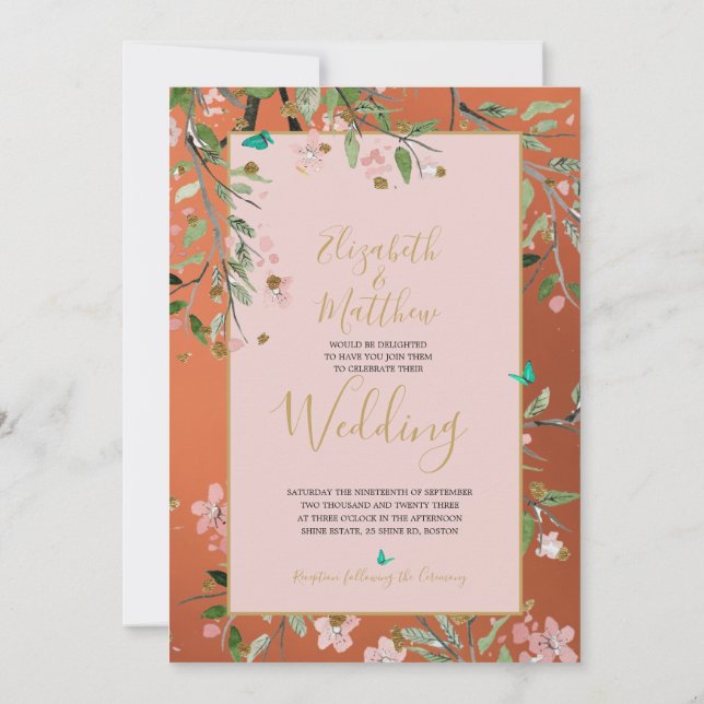 Floral Coral Elegant Pink Gold Chinoiserie Wedding Invitation (Back)