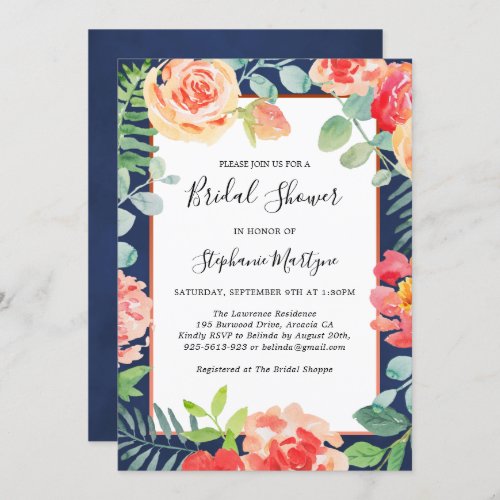 Floral Coral Foliage Navy Blue Bridal Shower Invitation