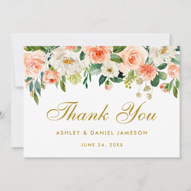 Floral Coral Gold Wedding Thank You Card (Front)