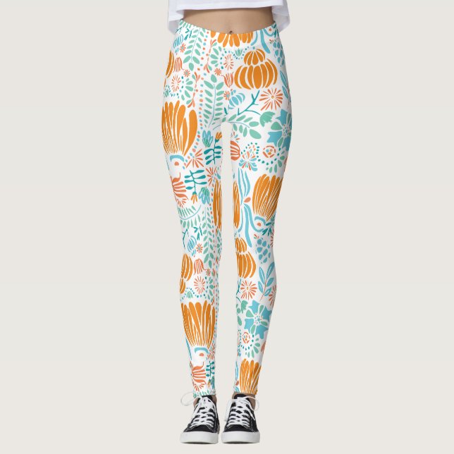 Floral Coral Mint Green Blue Art Deco Pattern Leggings (Front)