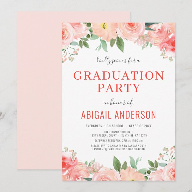 Floral Coral Peach 2023  Grad Party Invite (Front/Back)