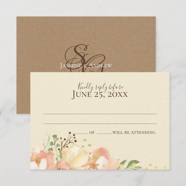 Floral Coral Peach and Apricot Wedding Response Invitation (Front/Back)