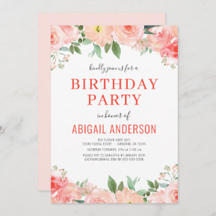 Floral Coral Peach Birthday Any Age Modern Invitation