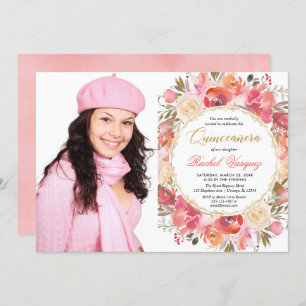 Floral coral pink gold garden Quinceanera photo Invitation