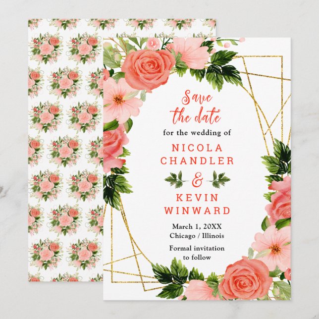 Floral Coral Red Roses Wedding Save The Date (Front/Back)