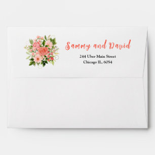 Floral Coral Red Roses with Foliage Wedding Envelope