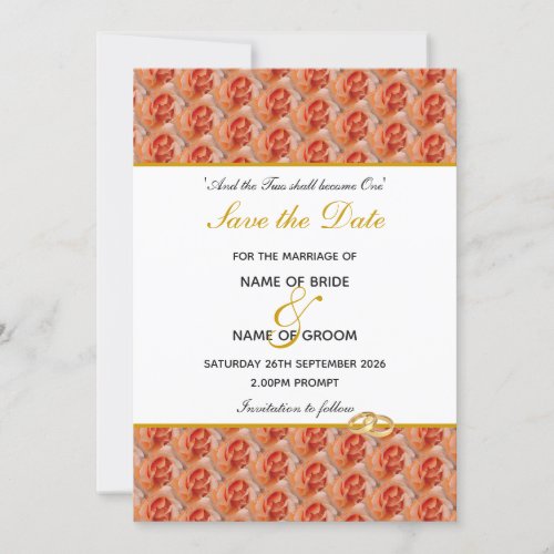 Floral  CORAL Rose  TWO BECOME ONE Scripture Save The Date