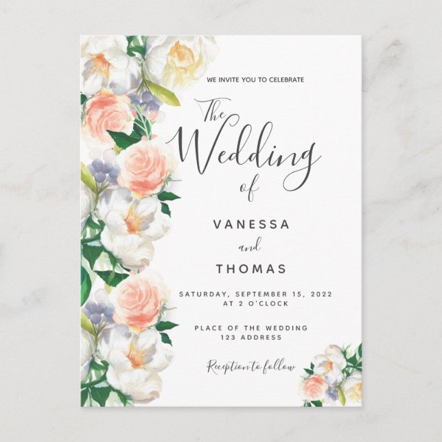 Floral coral script rose gold wedding invitation postcard (Front)
