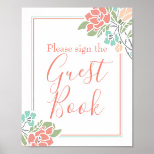 Floral Coral Teal Bridal Shower Guest Book Sign