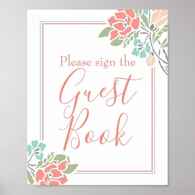 Floral Coral Teal Bridal Shower Guest Book Sign (Front)