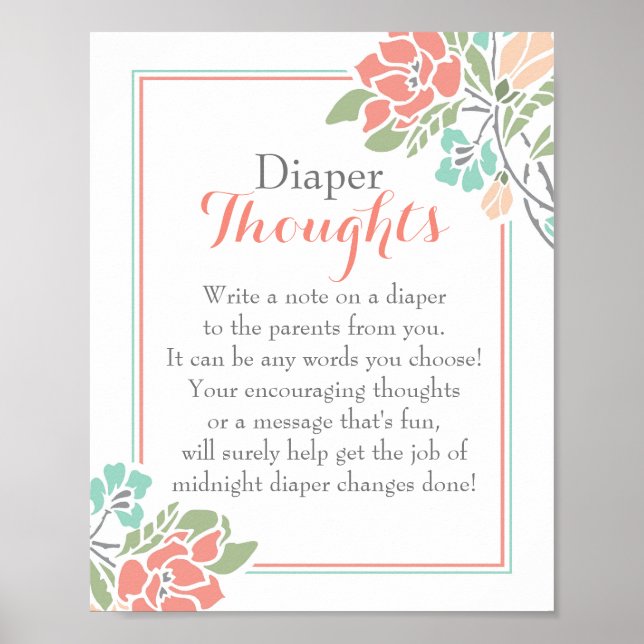 Floral Coral Teal Diaper Thoughts Poster (Front)