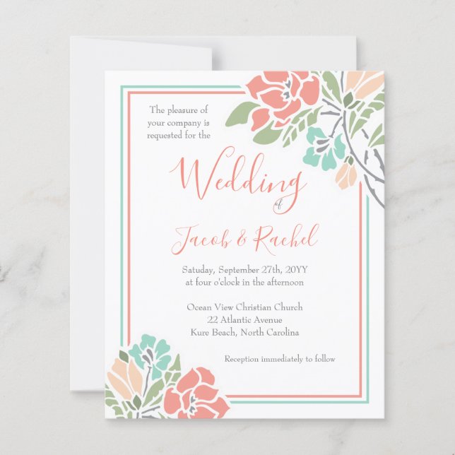 Floral Coral Teal Wedding Invitation (Front)