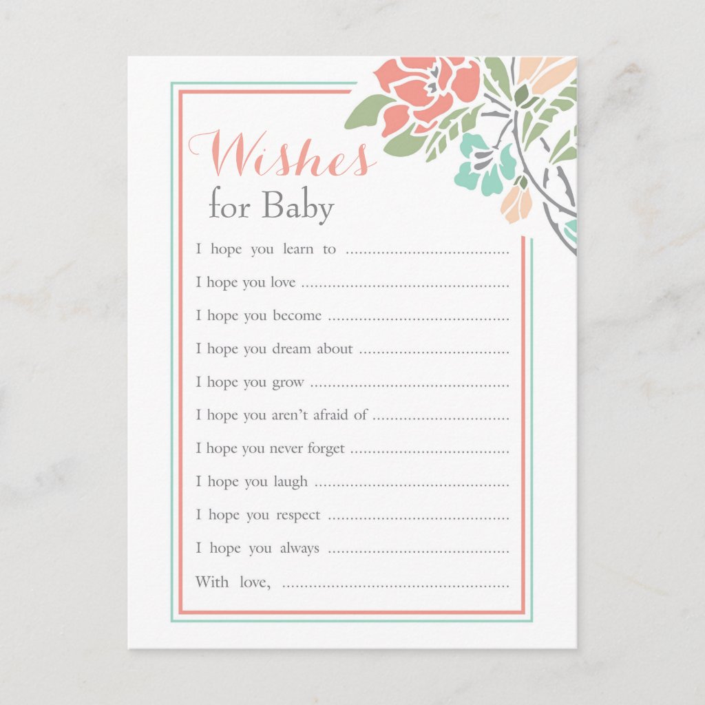 Floral Coral Teal Wishes for Baby Advice Card