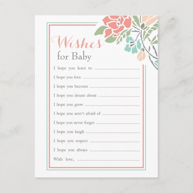 Floral Coral Teal Wishes for Baby Advice Card (Front)