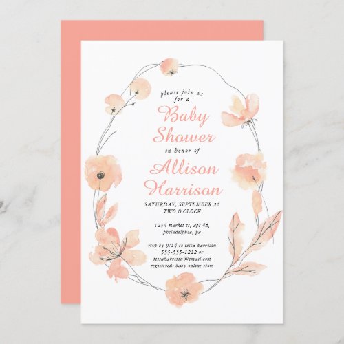 Floral Coral Watercolor Baby Shower Invitation