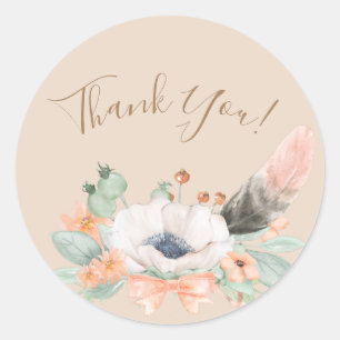 Floral Coral Watercolor Minimalistic Thank You Classic Round Sticker