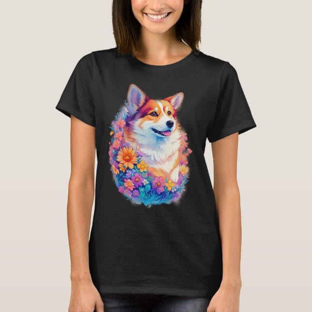 Floral Corgi rainbow  Cute Dog Graphic T-Shirt (Front)