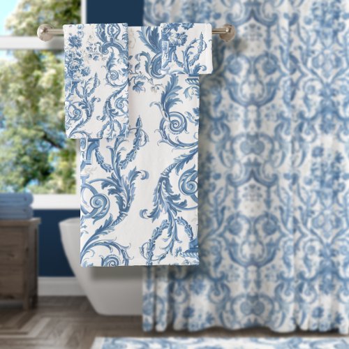 Floral Cottage Blue White Elegant English Country  Bath Towel Set