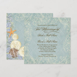 Floral Cottage by the Sea Shells Beachy Wedding Invitation