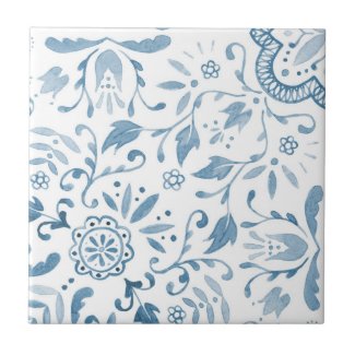 Floral Cottage Vintage Blue Pattern Tile