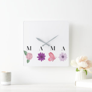 Floral cottagecore mama wall décor, butterfly square wall clock