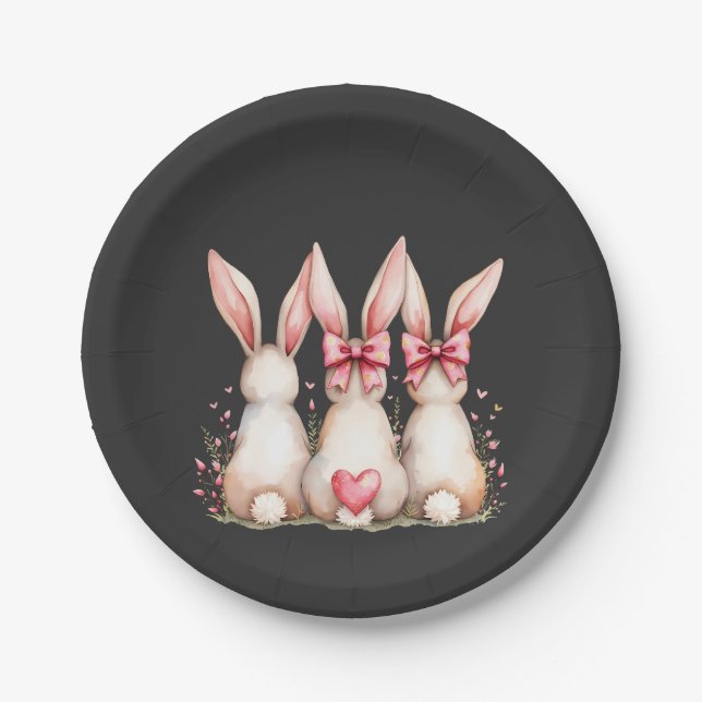 Floral Cottontail Bunny Coquette Bow Rabbit Easter Paper Plates (Front)