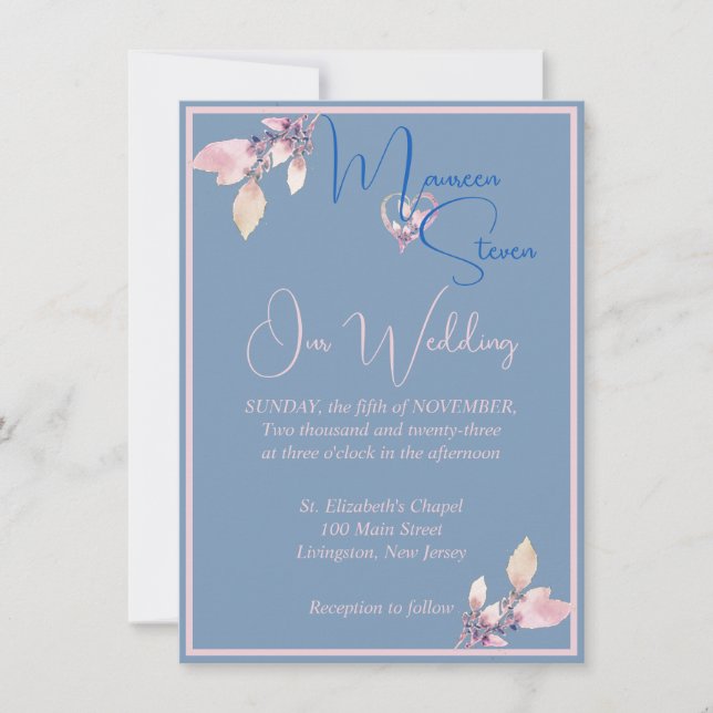 Floral Country Blue & Pink Wedding Invitation (Front)