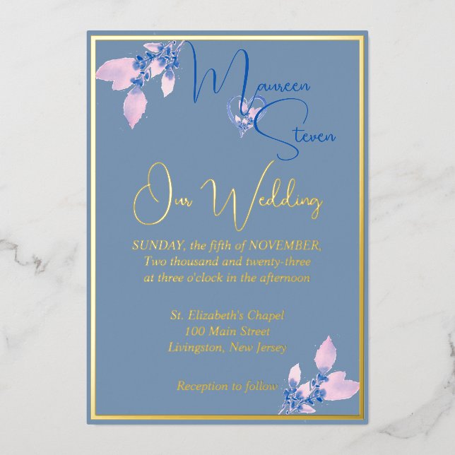 Floral Country Blue Wedding Gold Foil Invitation (Front)