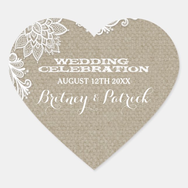 Floral Country Burlap and Lace Wedding Favors Heart Sticker (Front)