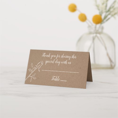 Floral Country Rose Brown Kraft Wedding Thank You Place Card