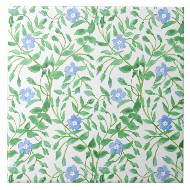Floral Country-style Blue White Periwinkle Pattern Ceramic Tile (Front)