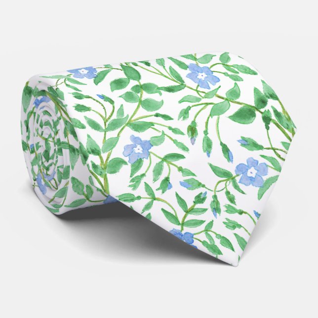 Floral Country-style Blue White Periwinkle Pattern Tie (Rolled)