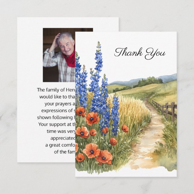 Floral Countryside Funeral Photo Thank You Card (Front/Back)