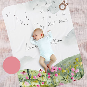Floral Countryside Watercolor Landscape Milestone Baby Blanket