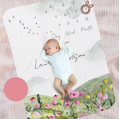 Floral Countryside Watercolor Landscape Milestone  Baby Blanket