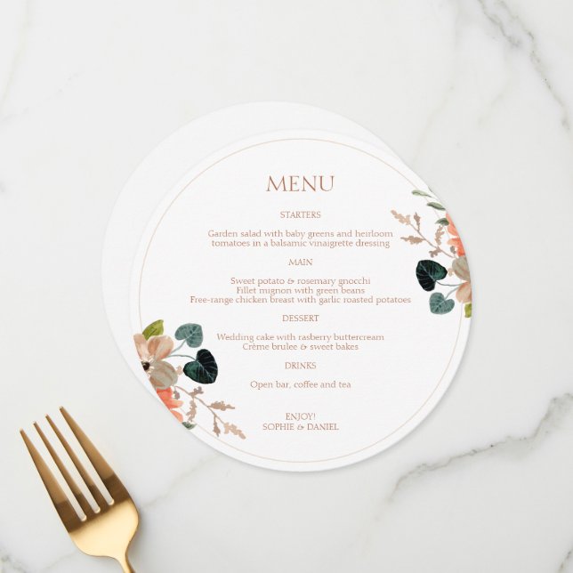 Floral Couple Initials Round White Wedding Menu (Front/Back In Situ)