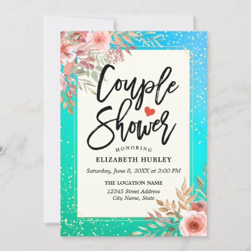 Floral Couple Shower  Bridal Shower Teal Gold Dot Invitation