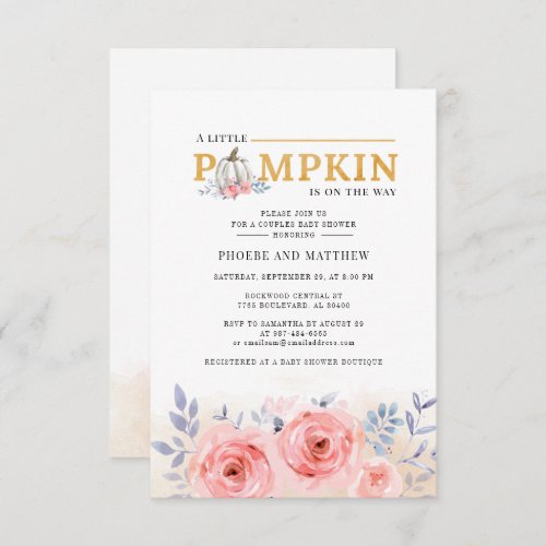 Floral Couples Baby Shower Watercolor Pumpkin Fall Invitation