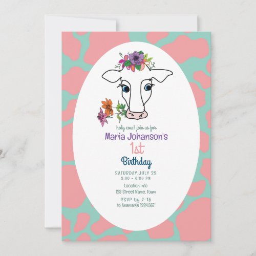 Floral Cow 1st Birthday  Invitation