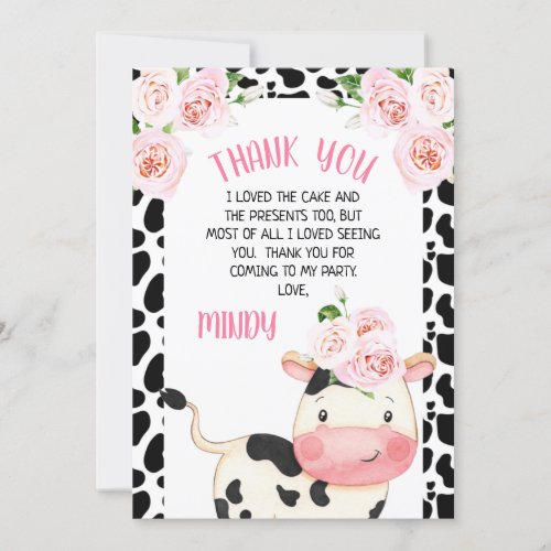 Floral Cow and Cow Print Birthday Thank You Card