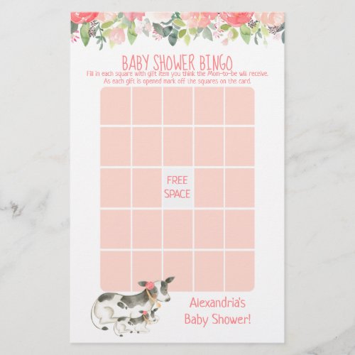 Floral Cow Baby Shower Bingo Game