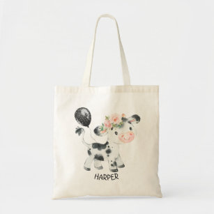 Floral Cow Balloon Personalized Tote Bag