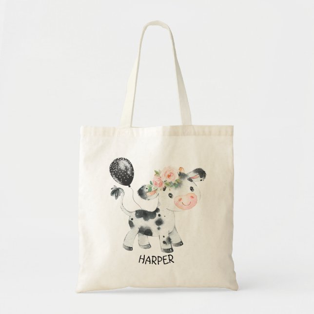 Floral Cow Balloon Personalized Tote Bag (Front)